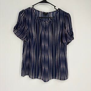 Talbots Blue Floral Stripe Blouse Sz MP Business Casual Feminine Work Romantic 2